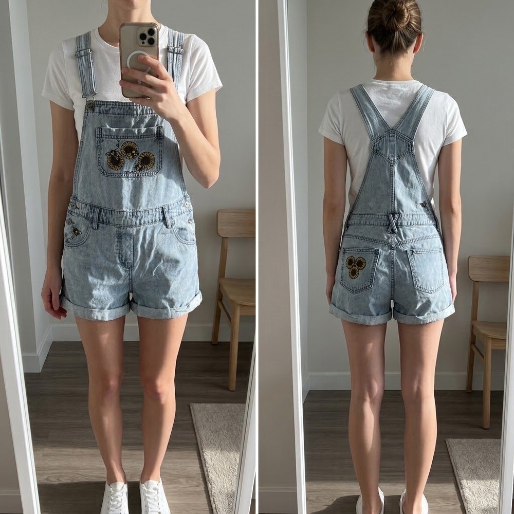 HT Denim Shortalls Women Small Light Wash Sunflower Bee Embroidered Overalls